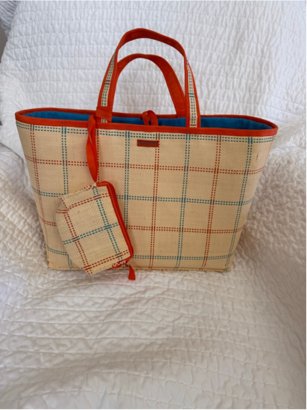 Ralph Lauren Beige Plaid Woven Tote Bag with Orange Trim, interior zip pouch.